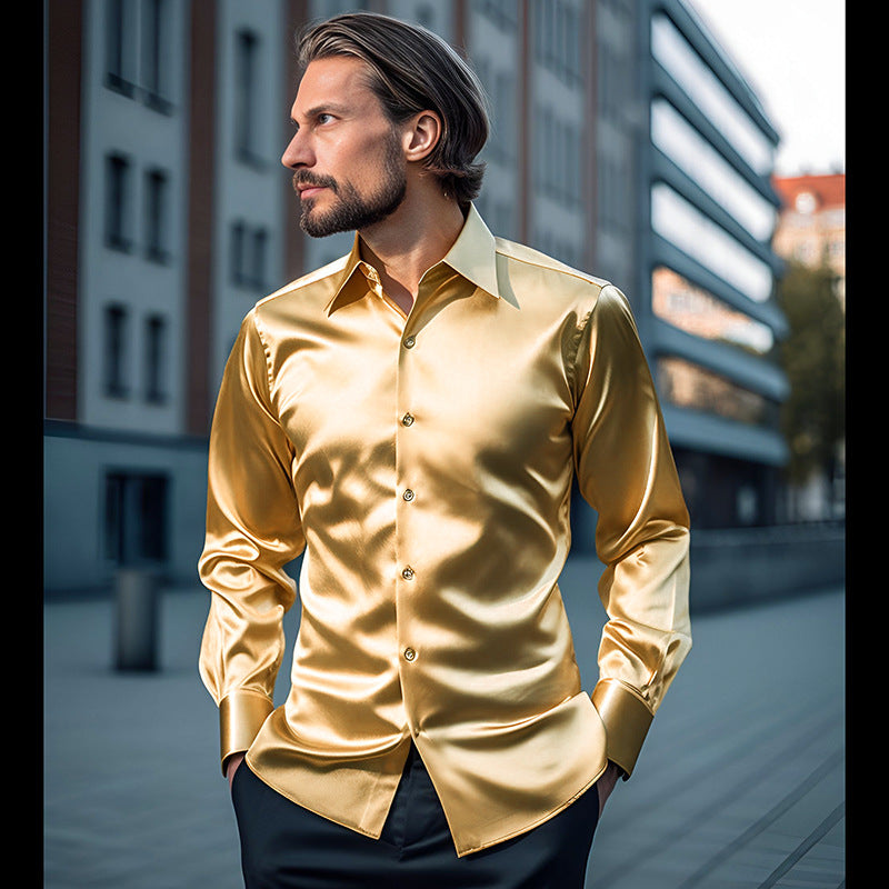 Herren Elegantes Satin-Hemd mit glänzender Oberfläche und modernem Schnitt EB