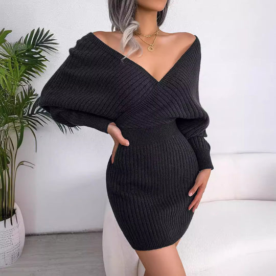 Damen figurbetontes Rippstrickkleid mit V-Ausschnitt EB