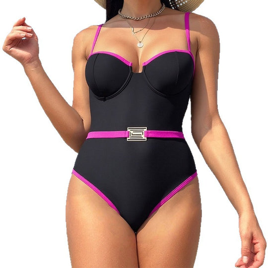 Damen Monokini mit modischem Metallgürtel und strukturiertem Oberteil EB