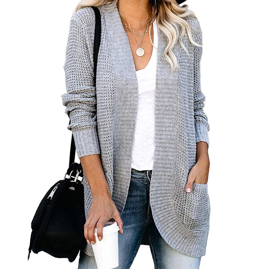 Damen lässige Strickjacke mit offenen Ärmeln und praktischen Taschen EB