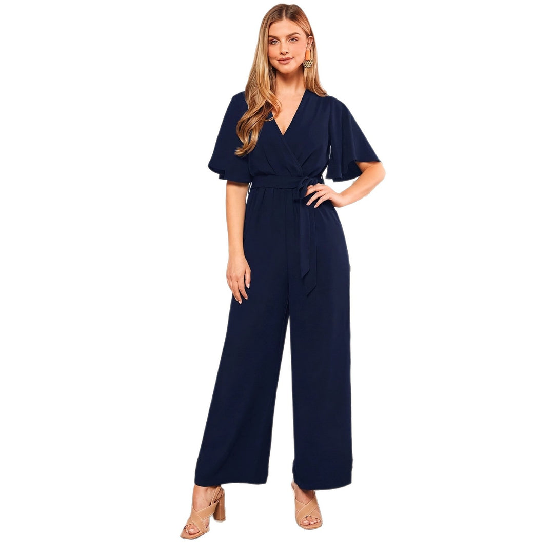 Damen eleganter Jumpsuit mit tiefem V-Ausschnitt und Poncho-Ärmeln EB