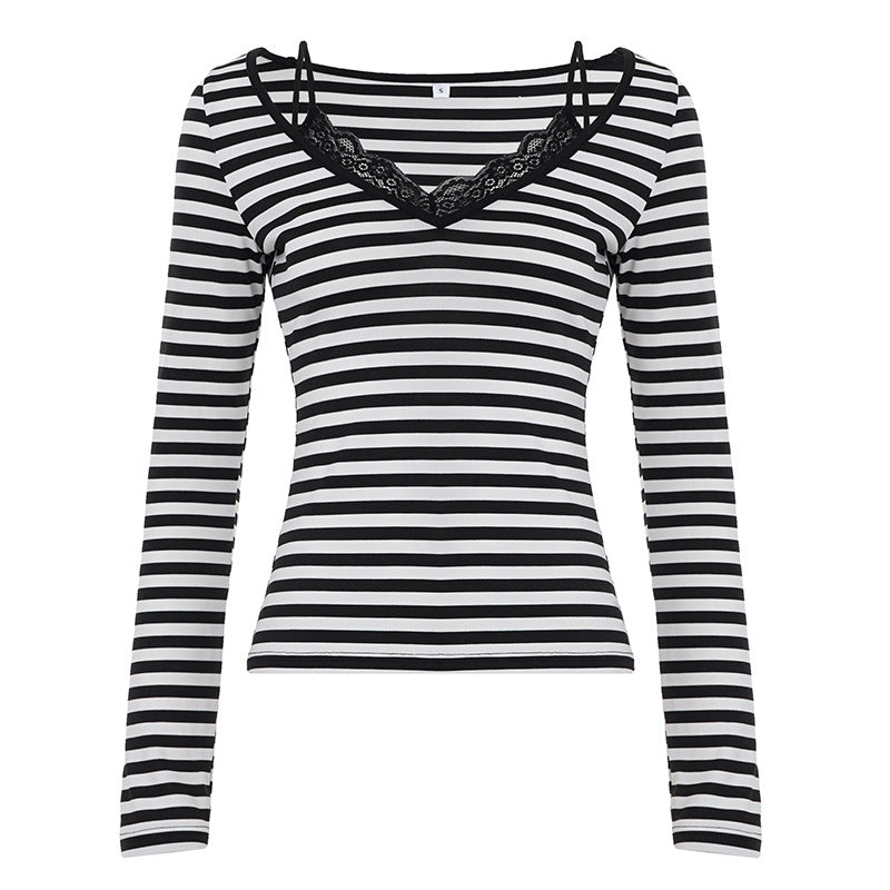 Damen nan gestreiftes Langarmshirt mit Spitzen‑V-Ausschnitt und Doppelspaghettiträger EB