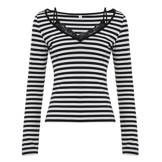 Damen nan gestreiftes Langarmshirt mit Spitzen‑V-Ausschnitt und Doppelspaghettiträger EB