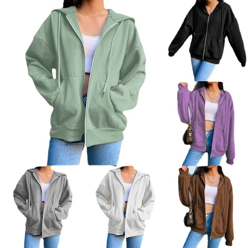 Damen nan legerer Kapuzen-Zipper mit Oversize-Passform, Kängurutaschen und durchgehendem Reißverschluss EB