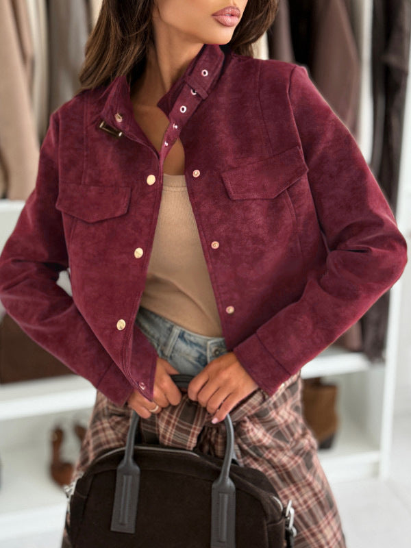 Damen elegante Jacke aus weichem Wildleder mit Knopfdetails EB