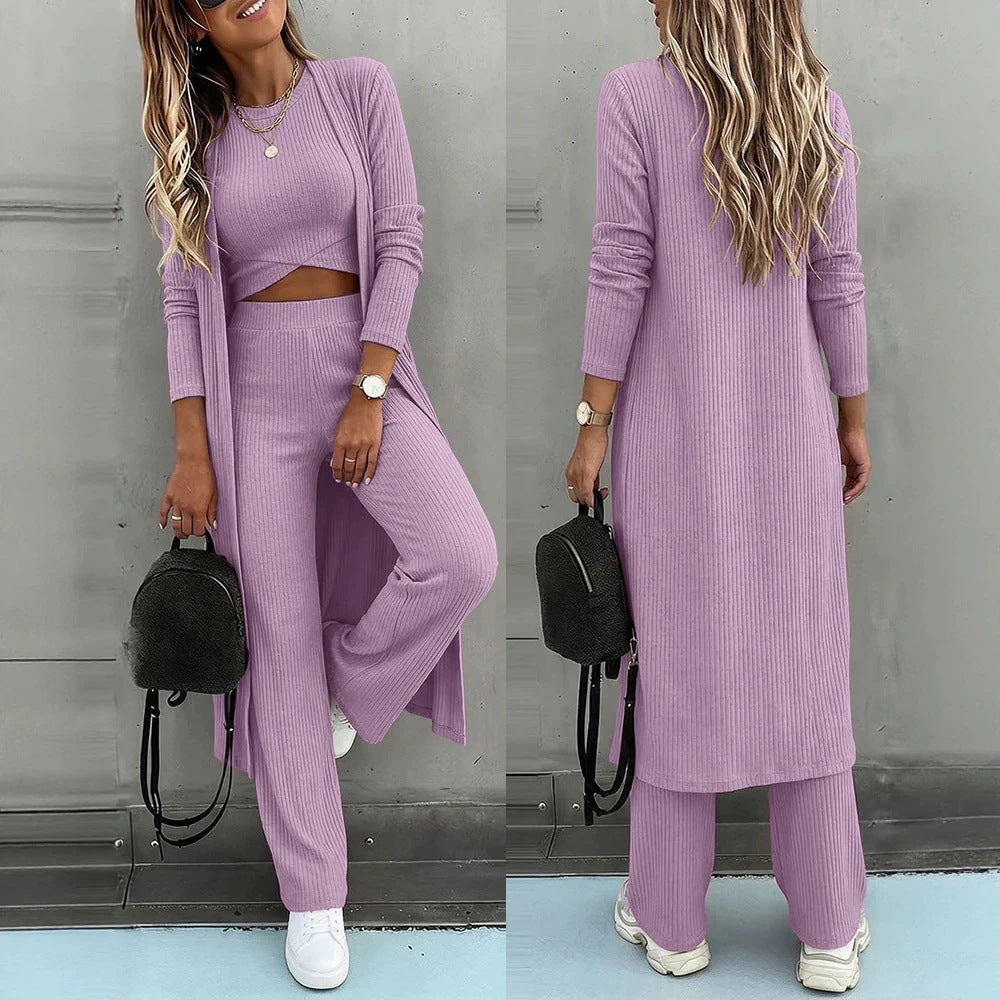 Damen Dreiteiliges Rippstrick-Loungewear-Set mit Longcardigan, bauchfreiem Top und weiter Palazzohose EB