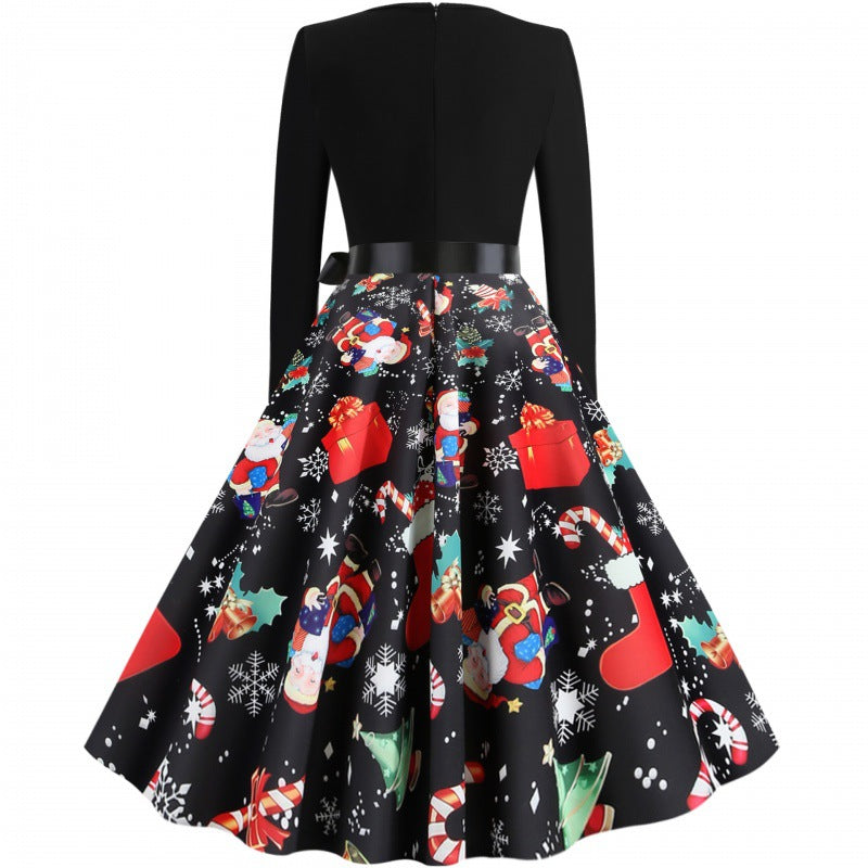 Damen Weihnachtliches Vintage-Swingkleid mit Santa- und Zuckerstangen-Print, tailliertem Oberteil und Satinschleife EB