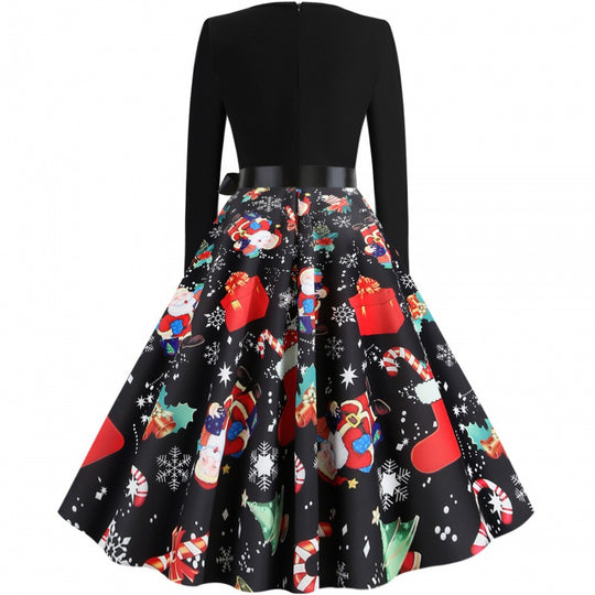 Damen Weihnachtliches Vintage-Swingkleid mit Santa- und Zuckerstangen-Print, tailliertem Oberteil und Satinschleife EB