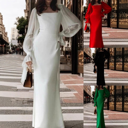 Damen elegantes Maxikleid mit Puffärmeln und quadratischem Ausschnitt EB