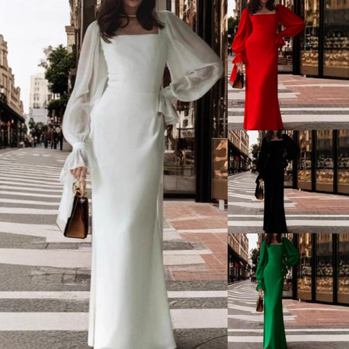 Damen elegantes Maxikleid mit Puffärmeln und quadratischem Ausschnitt EB