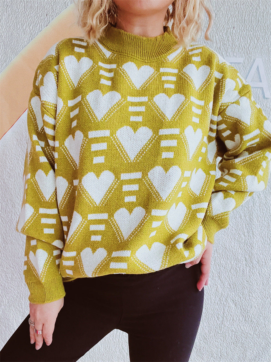 Damen gestrickter Pullover im modernen Herzdesign mit weitem Schnitt EB