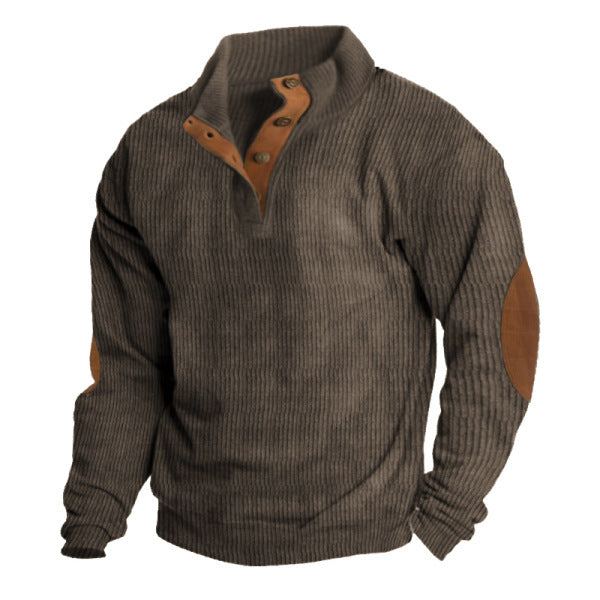 Herren nan rustikaler gerippter Pullover mit Henley-Kragen und lederartigen Ellbogenbesätzen EB