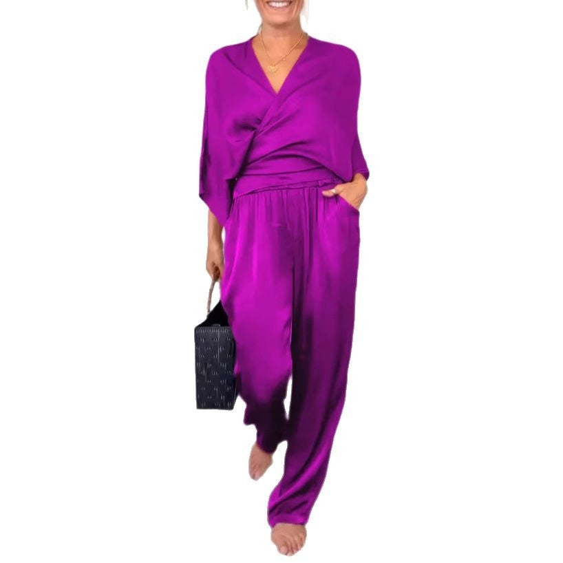 Damen elegantes und bequemes Satin-Hosenanzug EB