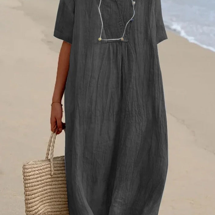 Damen lässiges Midi-Kleid mit V-Ausschnitt und bequemen Kurzärmeln EB