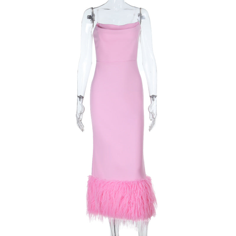Damen Elegantes Midi-Kleid mit verführerischem Federbesatz EB