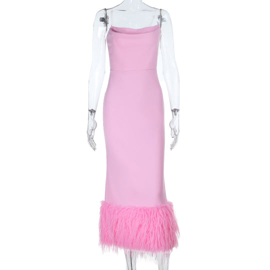 Damen Elegantes Midi-Kleid mit verführerischem Federbesatz EB