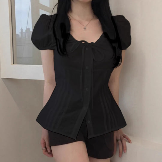 Damen Elegantes Blusenoberteil mit Rüschendetails und taillierter Silhouette EB