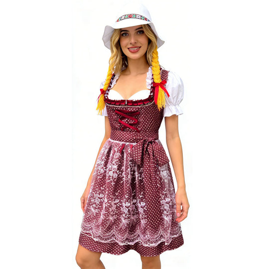 Damen nan traditionelles Dirndlkleid mit geschnürter Miederfront, Rüschenbluse und Spitzenapplikation EB