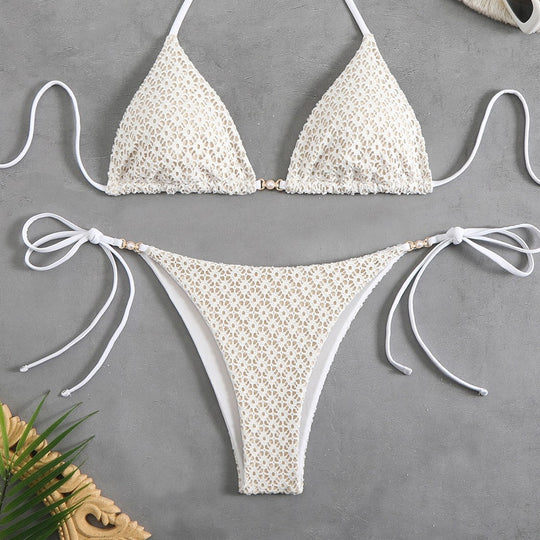 Damen Triangel-Bikini mit filigranem Blumendesign und charmanten Schleifen EB