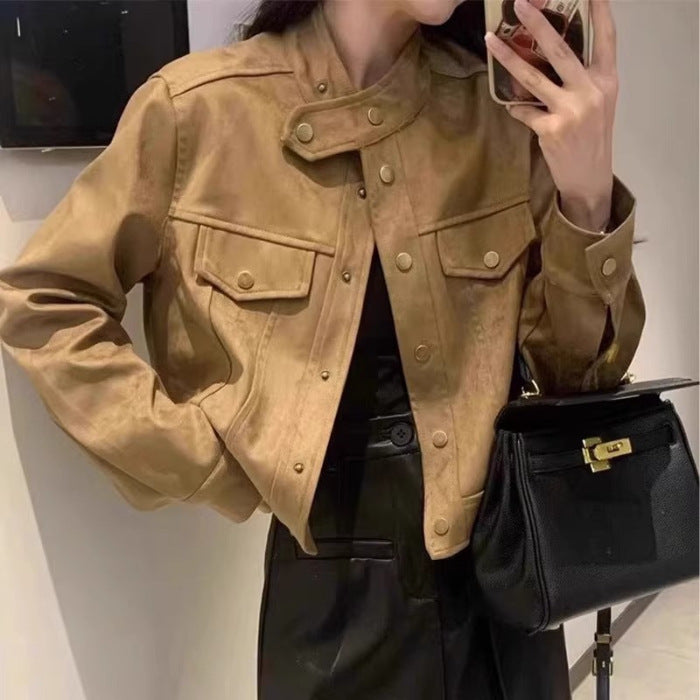 Damen Modische Kurzjacke im Stilmix mit Taschen und Knopfdetails EB