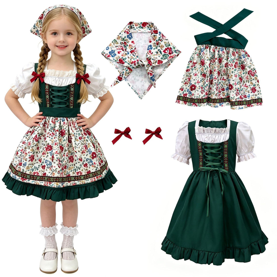Damen nan traditionelles Kinderdirndl mit Schürze Haarband Spitzenbluse und Zierschnürung EB