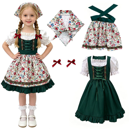 Damen nan traditionelles Kinderdirndl mit Schürze Haarband Spitzenbluse und Zierschnürung EB