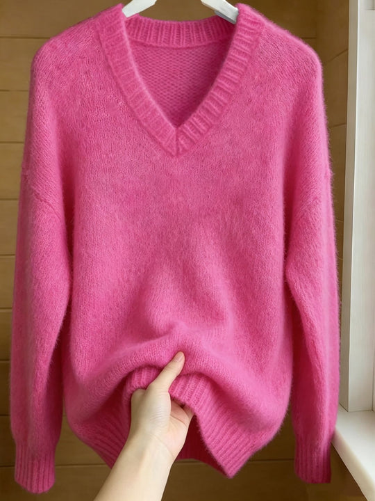 Damen Flauschiger Mohair-Mix Oversize-Pullover mit tiefem V-Kragen EB