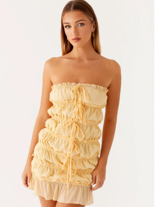 Damen Kurzkleid mit raffinierten Rüschen und verstellbarem Kordelzug EB