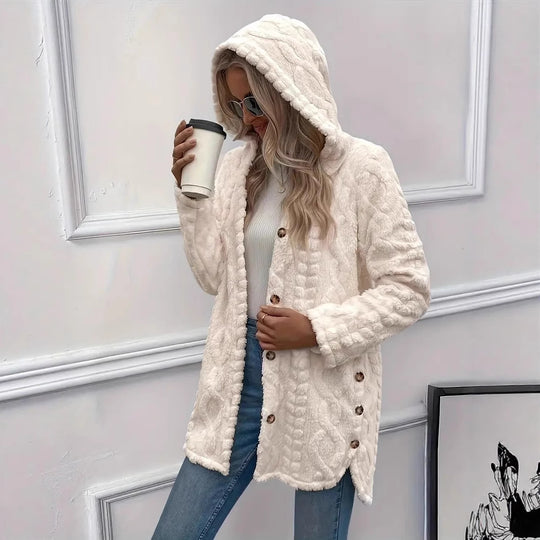 Damen Plüschjacke mit Kapuze und Knopfverschluss EB