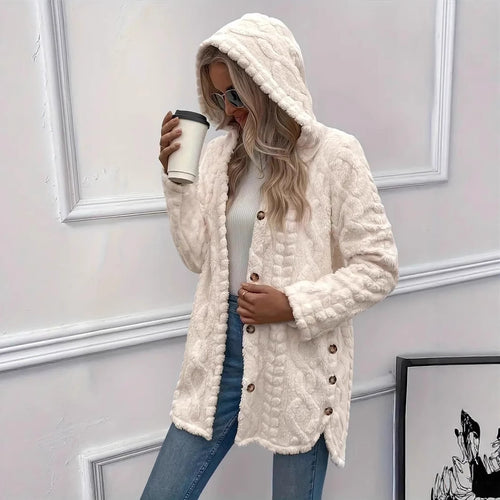 Damen Plüschjacke mit Kapuze und Knopfverschluss EB
