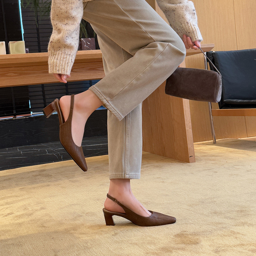 Damen Slingback Pumps aus hochwertigem Leder mit raffiniertem Flechtmuster EB