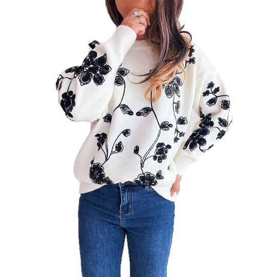 Damen lässiger Pullover mit floralem Stickdesign und modernem Schnitt EB