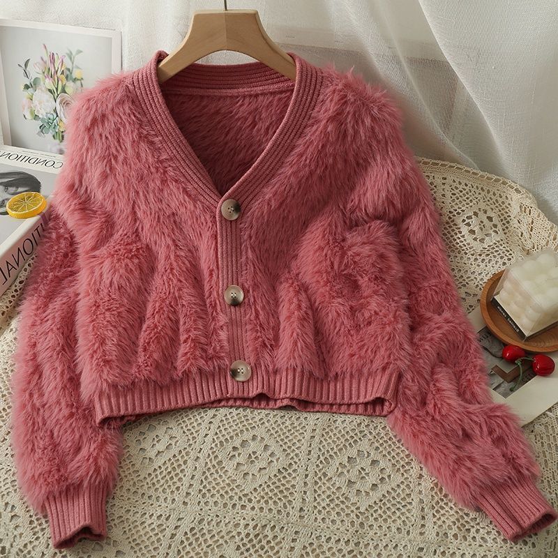 Damen Kuscheliger Cropped Cardigan mit Knopfleiste und weichem Teddy-Fell EB