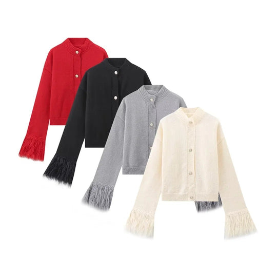 Damen lässige Strickjacke mit dekorativen Fransen und hochwertigen Knöpfen EB