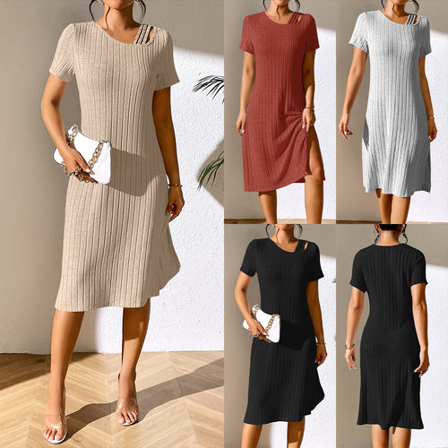 Damen Strickkleid mit modischem Ausschnitt und elastischem Material EB