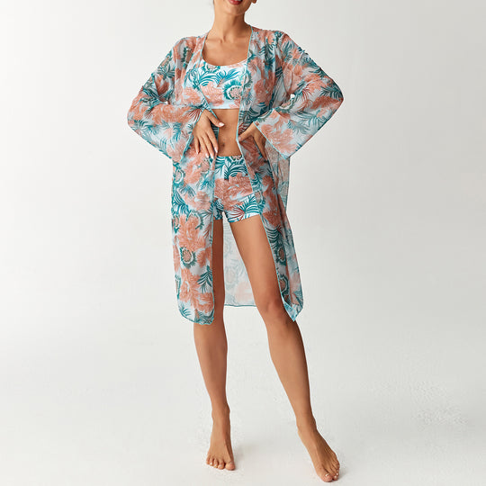 Damen Strandoutfit mit floralem Design und transparentem Kaftan EB