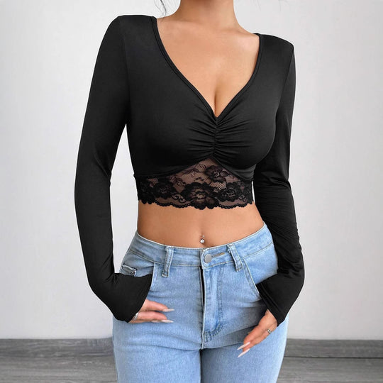 Damen nan tailliertes Langarm-Crop-Top mit tiefem V-Ausschnitt, Raffung und Spitzensaum EB