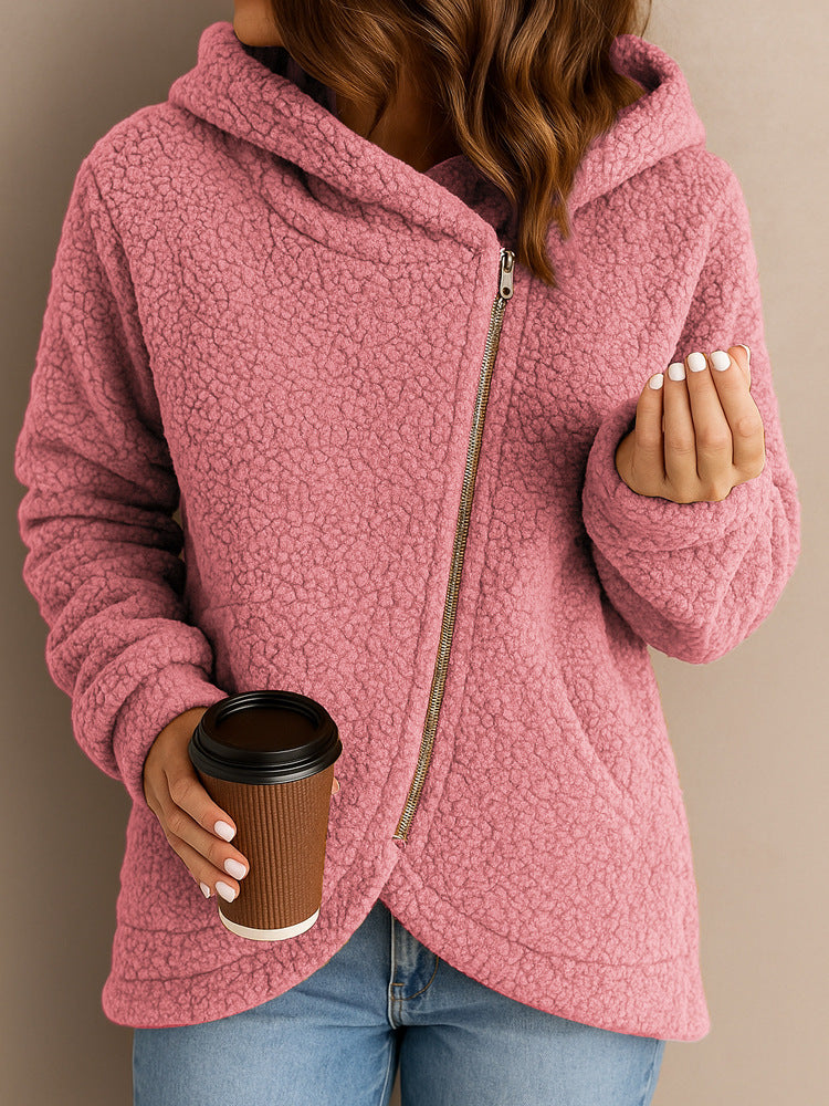 Damen Flauschige Kapuzenjacke mit asymmetrischem Reißverschluss EB
