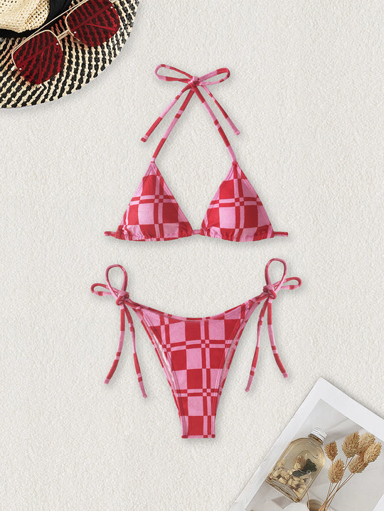 Damen Triangel-Bikini mit verstellbaren Bindebändern und frischem Streifenmuster EB