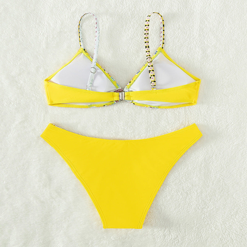 Damen Triangel-Bikini mit floralem Design und elegantem Ring EB