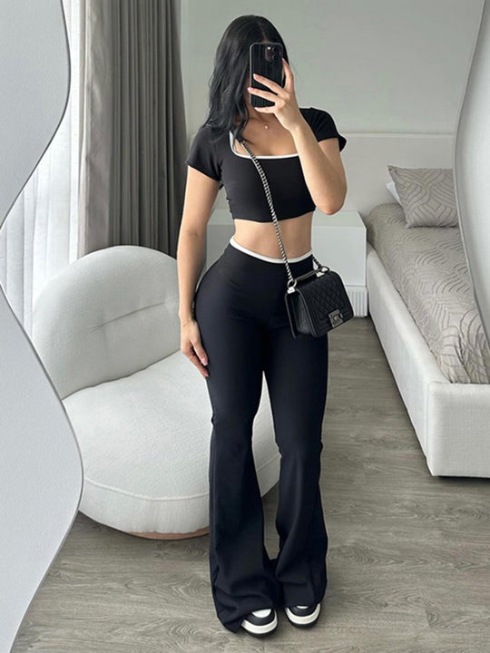 Damen modisches Crop-Top mit tailliertem Schnitt und weiter Hose EB