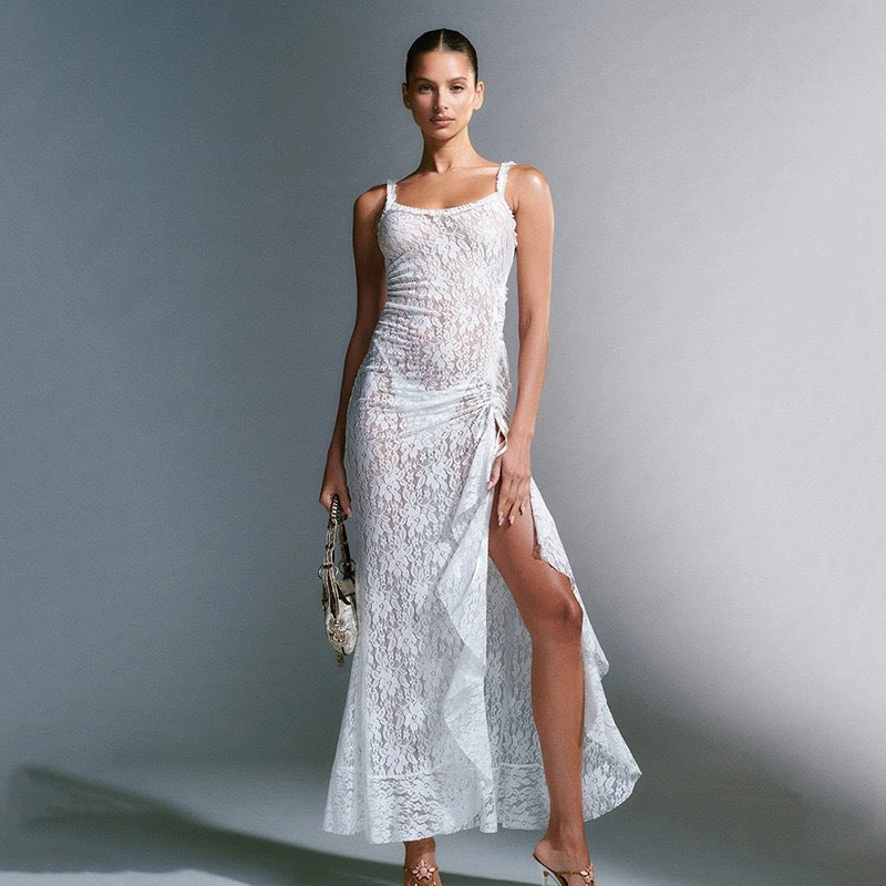 Damen Elegantes Spitzen-Maxi-Kleid mit seitlichem Schlitz und gerafftem Design EB