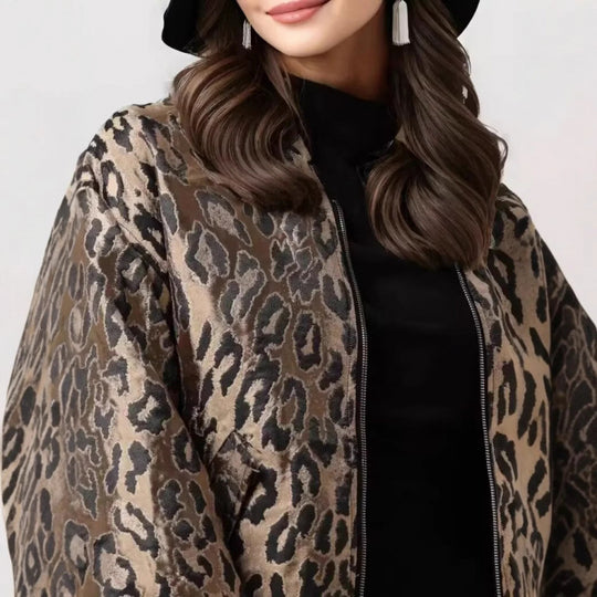 Damen modische Bomberjacke mit Leopardenmuster und elastischen Bündchen EB