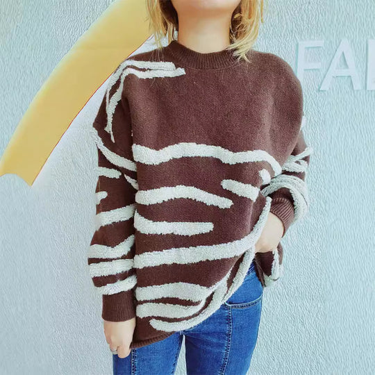 Damen lässiger Strickpullover mit modernem Zebrastreifenmuster EB