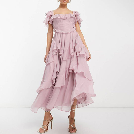 Damen Rüschen Maxikleid mit fließendem Schnitt und romantischem Design EB