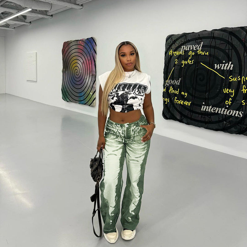 Damen Schlaghose mit hoher Taille, Bleach-Effekt und weitem Bein EB