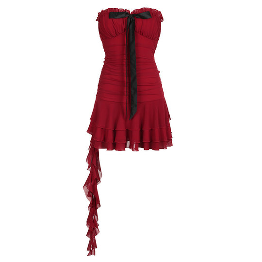 Damen elegantes Wickelkleid mit voluminösen Rüschendetails und Taillenband EB