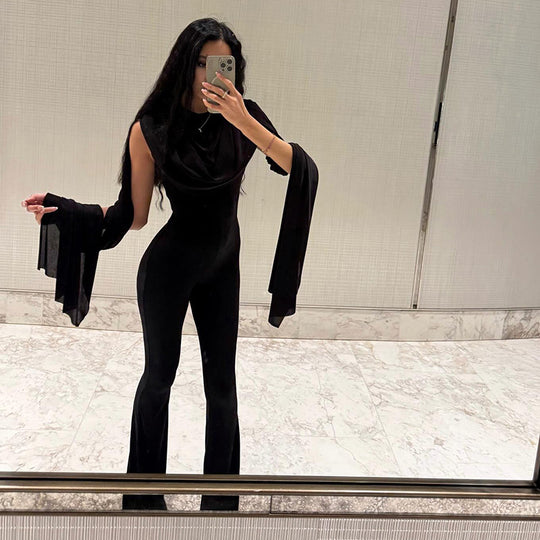 Damen Eleganter Jumpsuit mit Drapierung und weiter Beinführung EB