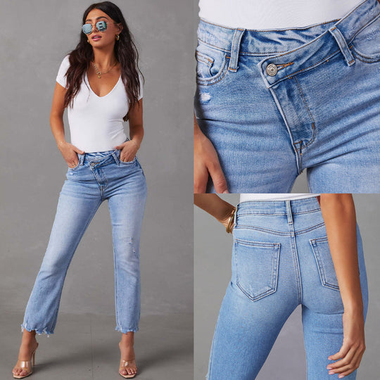 Damen Flared Jeans mit fransigen Säumen und modischem Distressed-Effekt EB