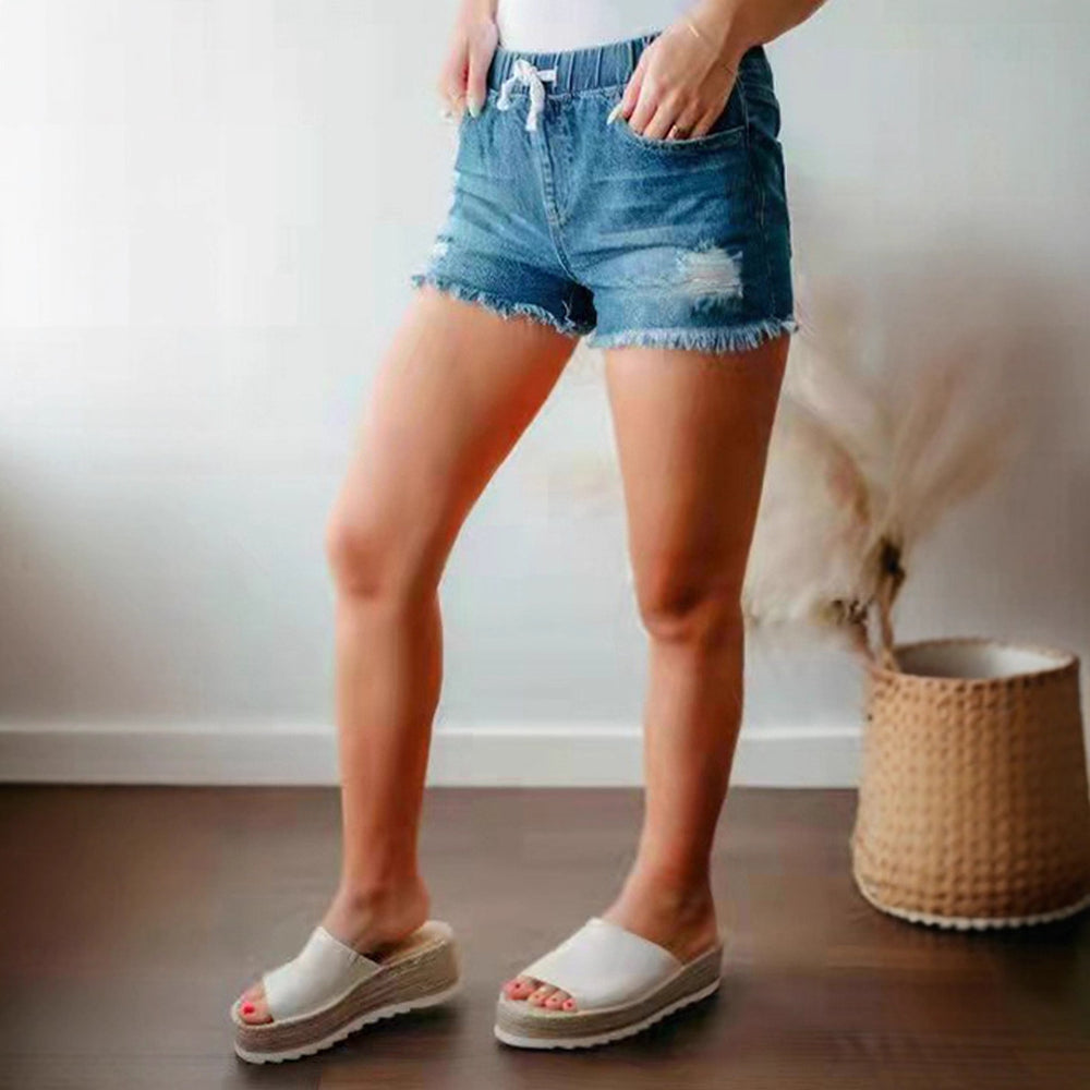Damen Denim-Shorts mit Elastikbund und Destroyed-Effekten EB